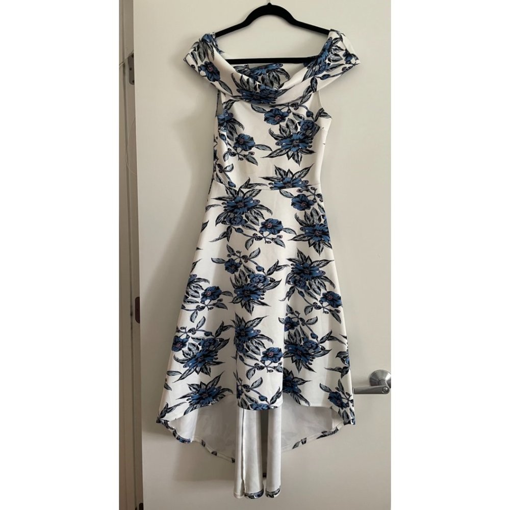 White and Blue Floral Off the Shoulder Dress